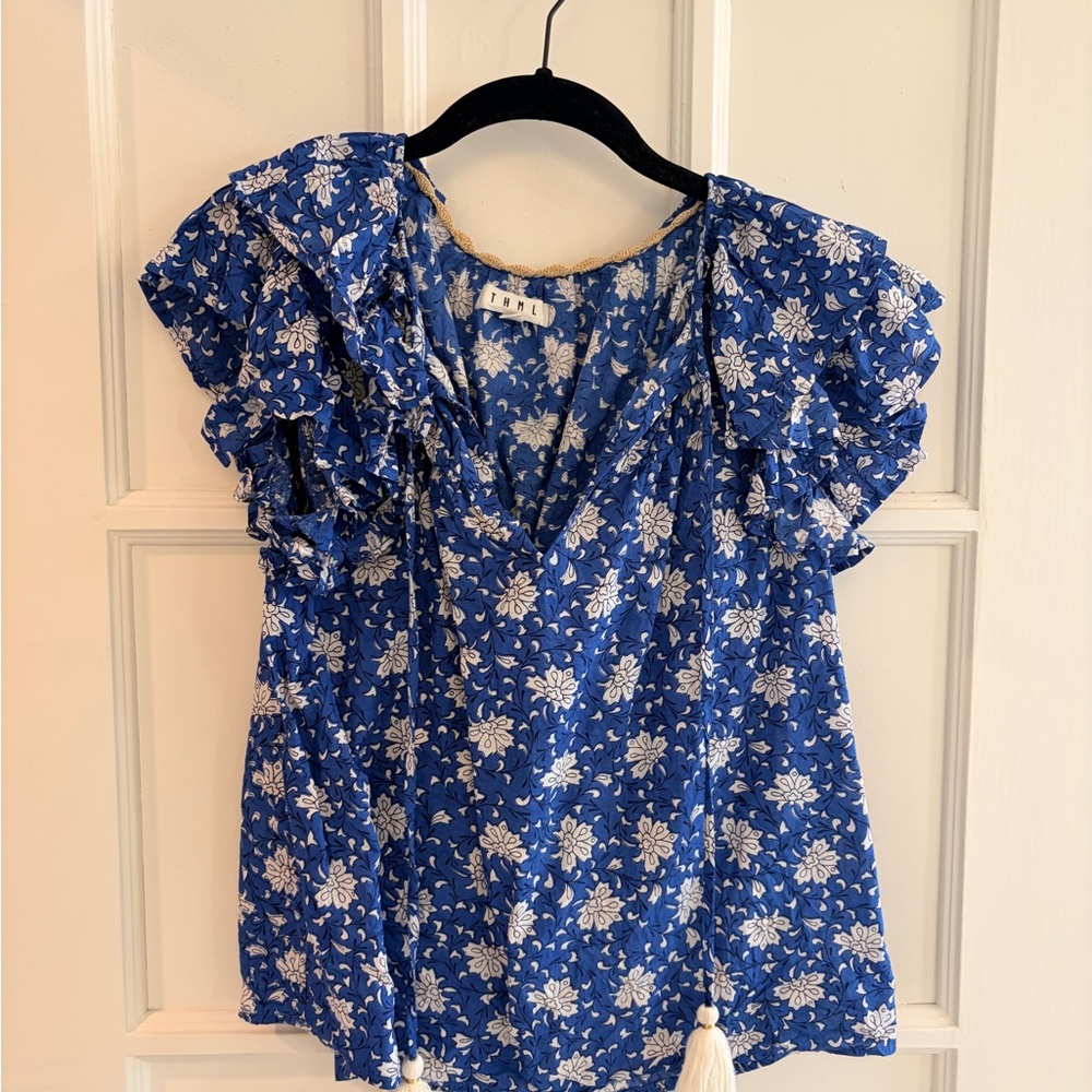 THML Girls Royal Blue Floral Ruffle Top